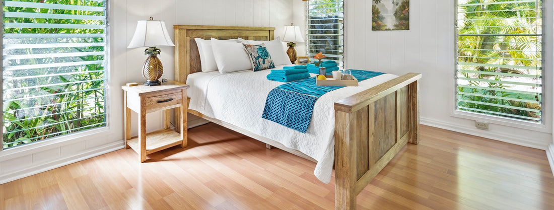 Solid wood platform bed frame in bed and breakfast guest room