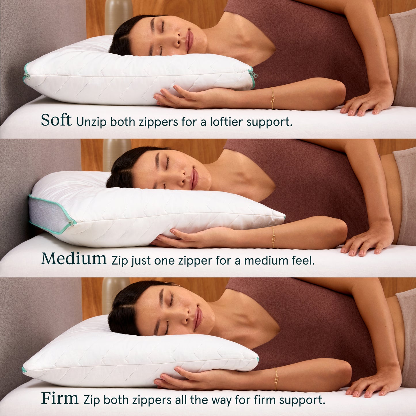 Woman lying on a bed with three different firmness levels of a Tuft & Needle Zip Comfort pillow.