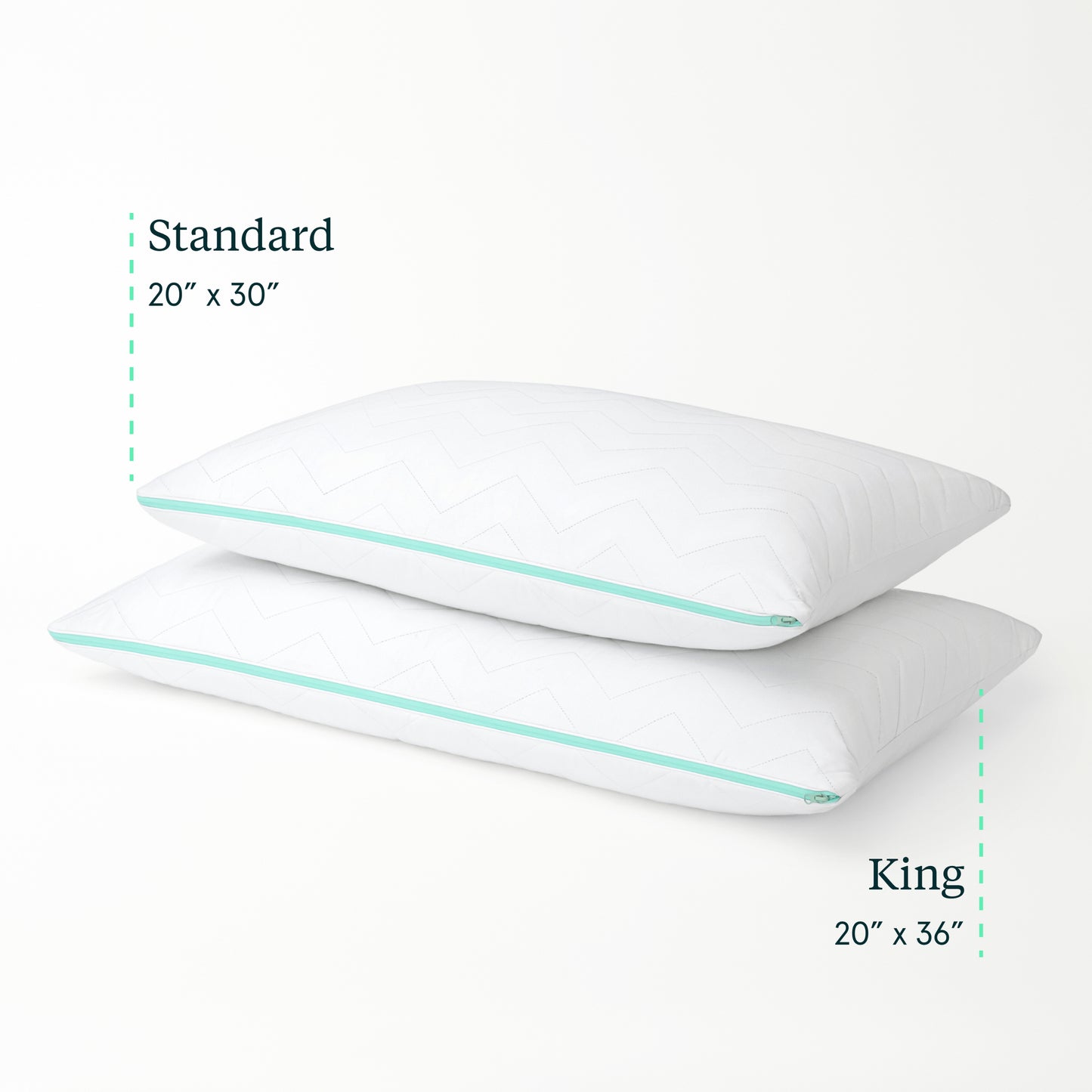 Two Tuft & Needle Zip Comfort pillows with dimensions labeled for standard and king sizes on a white background.