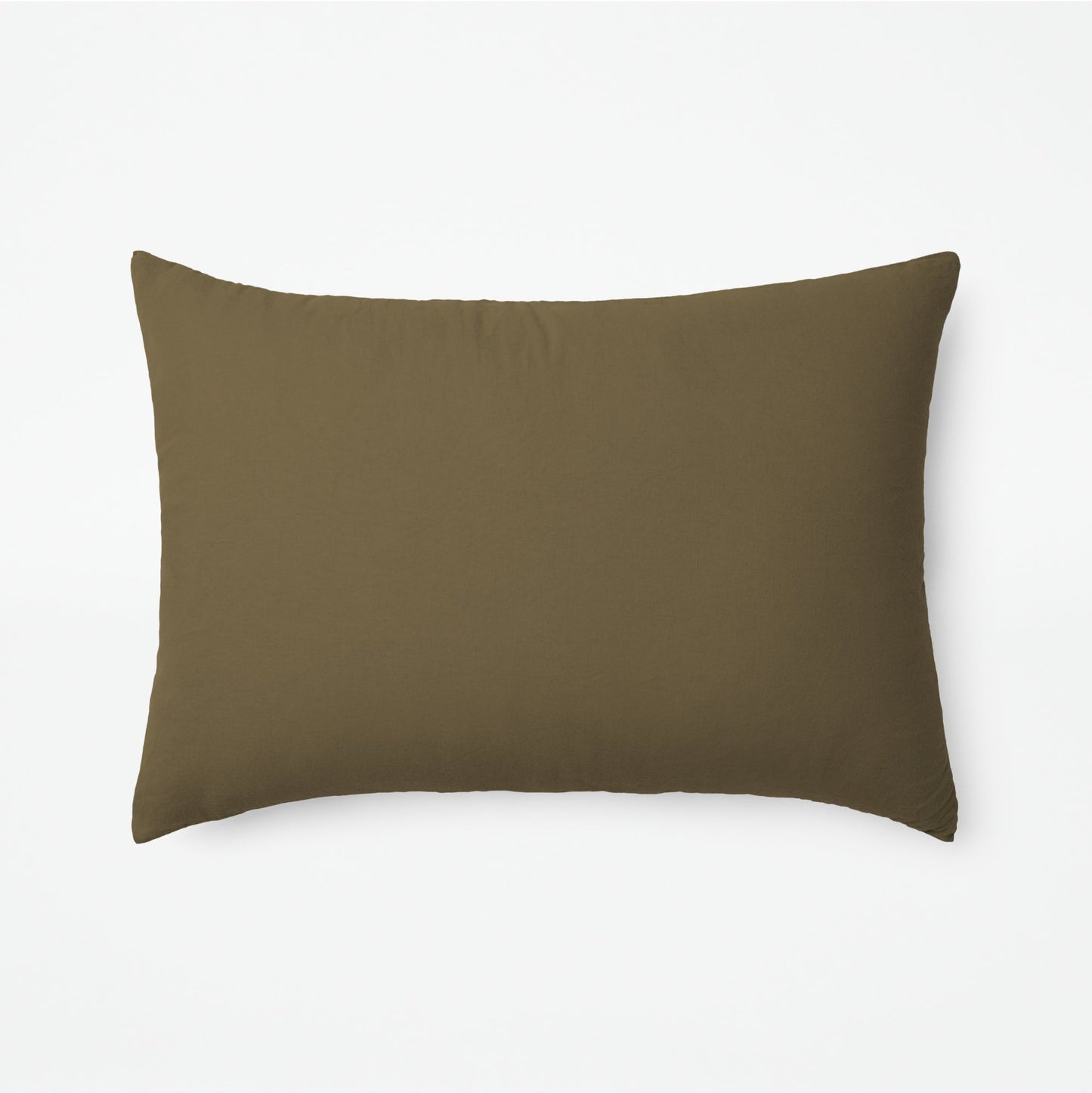 The Tuft and Needle Linen-Cotton Blend Duvet Set, one pillow laying horizontally || color: Martini Olive