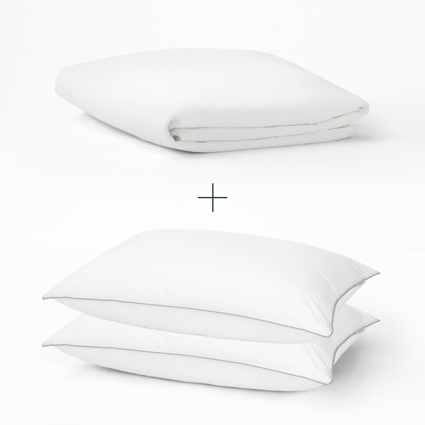 Tuft and Needle Mattress Protector and 2 down alternative pillows on top of each other with a plus sign in the middle