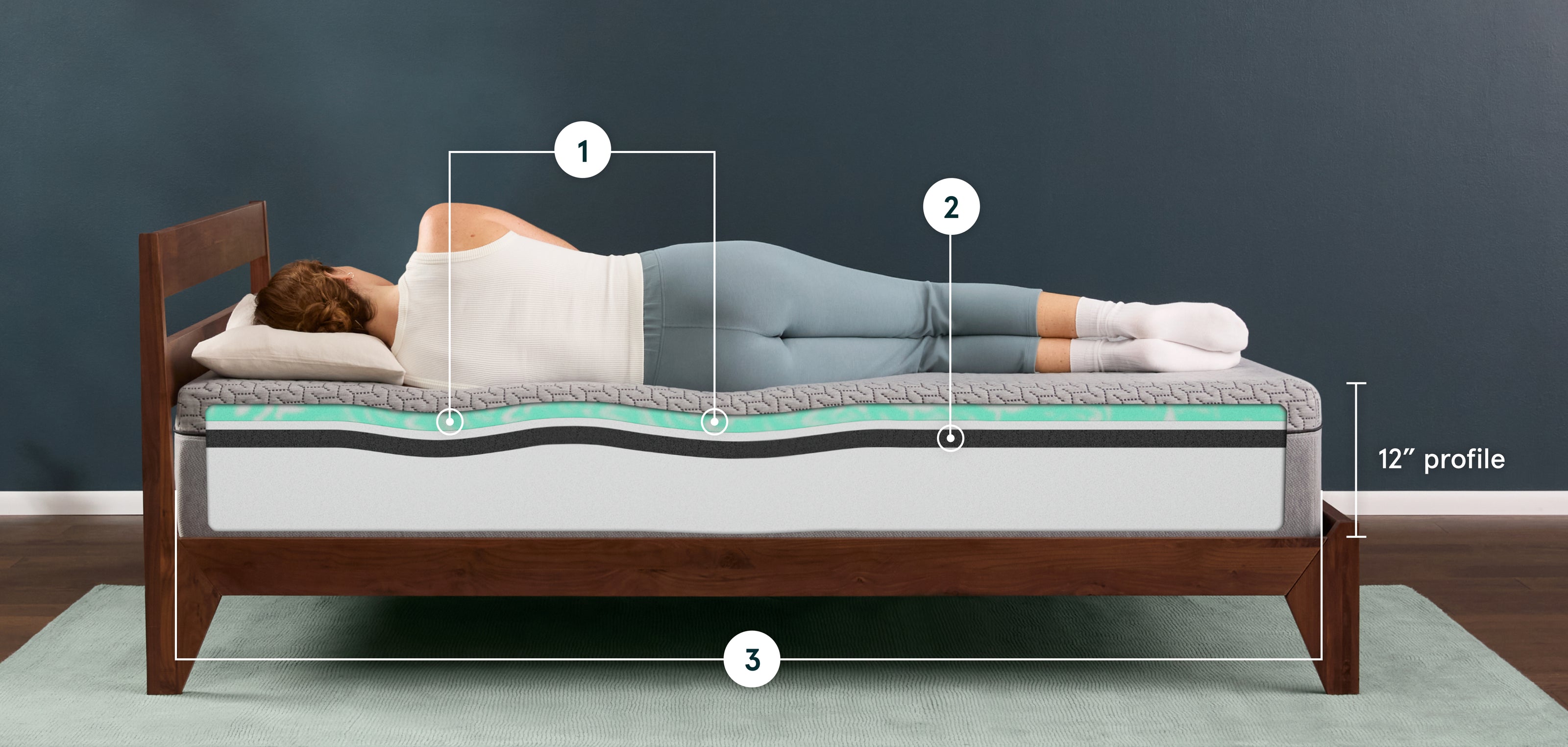 Person lying on their side on a 12" profile Tuft & Needle mattress with layers showing, on a bed frame.
