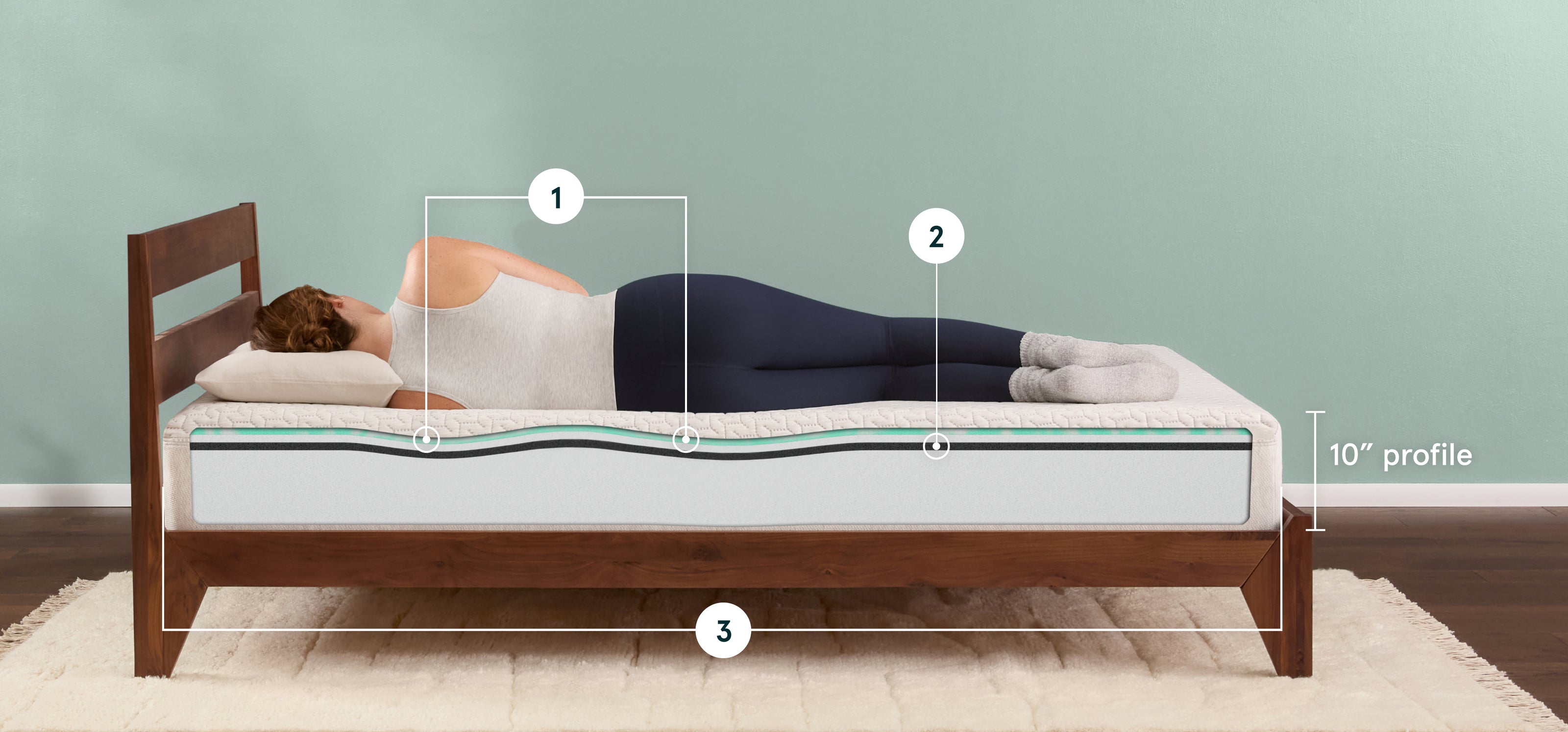 Person lying on their side on a Tuft & Needle mattress with layers showing, on a wooden bed frame against a green wall.