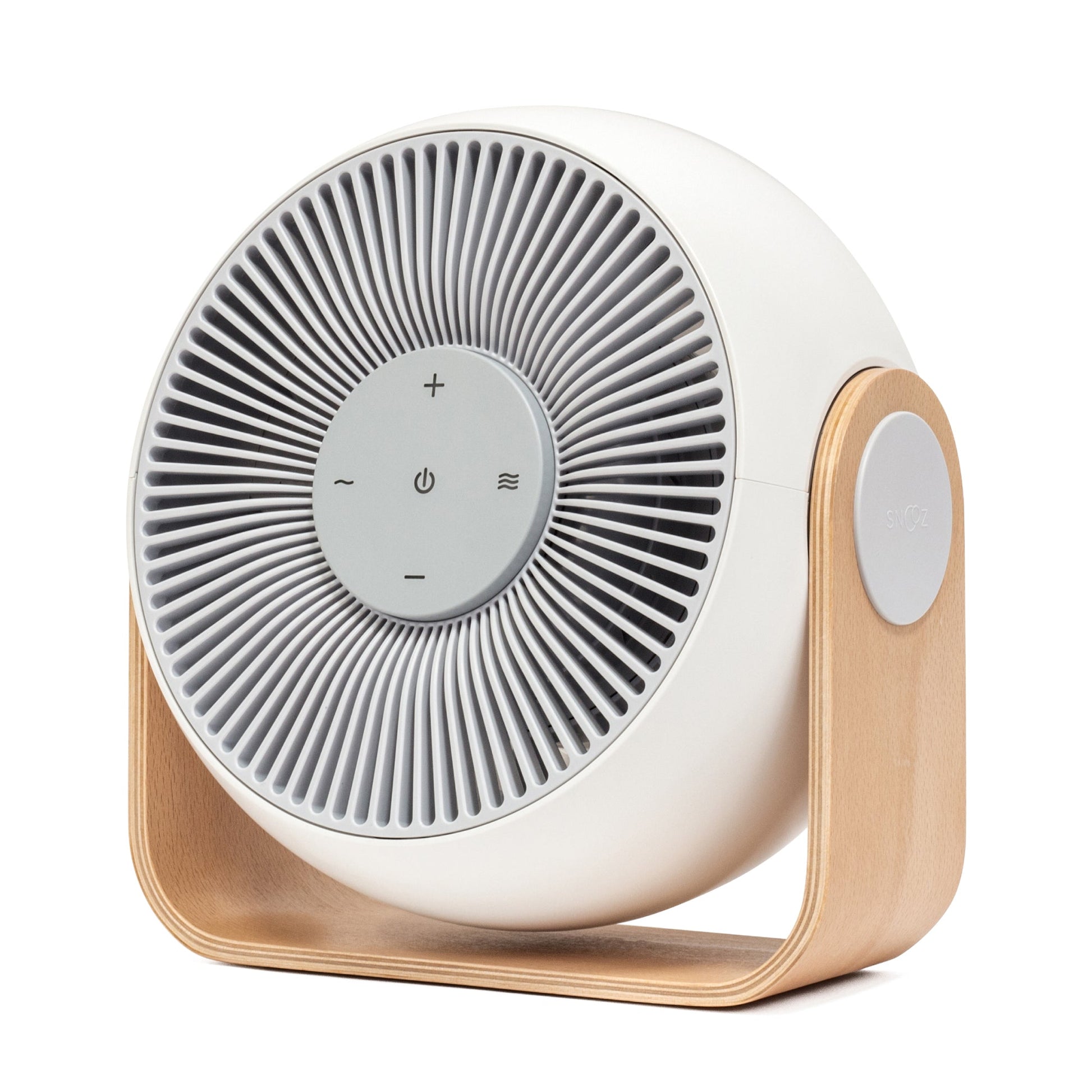 Slightly side view of the Snooz Breez Smart Bedroom Fan & White Noise Machine