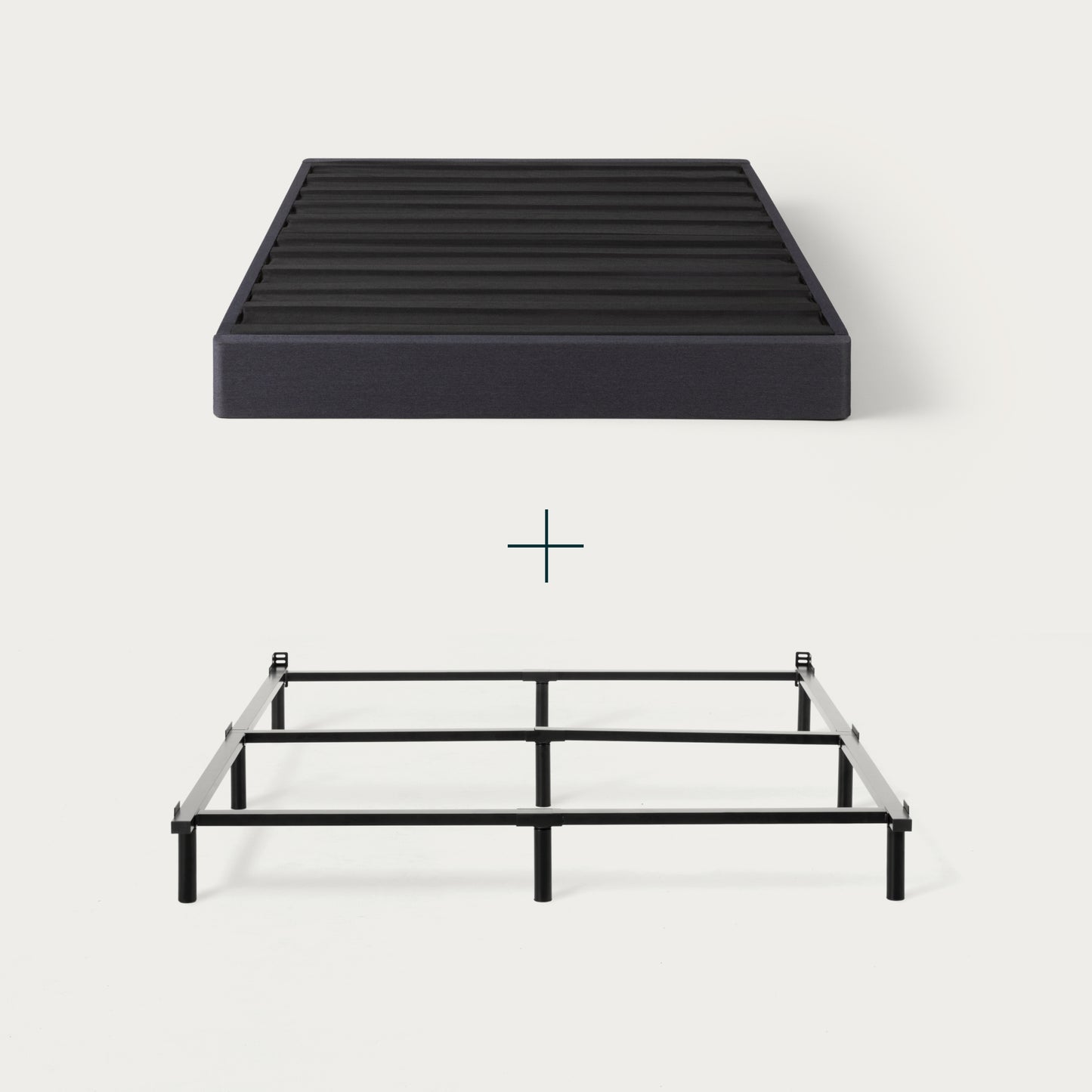 Tuft & Needle Black bed frame and black colored mattress foundation on a white background