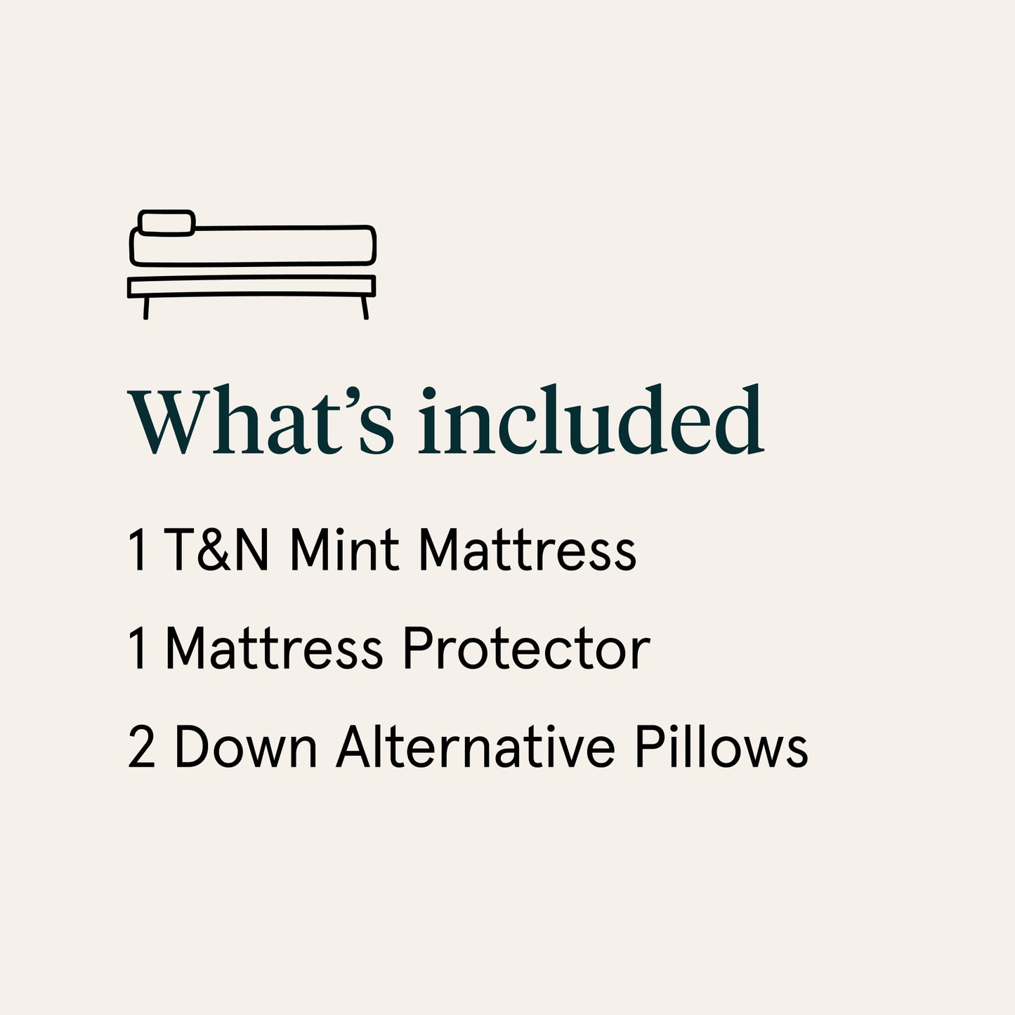 List of included items for a T&N Mint Mattress set on a beige background