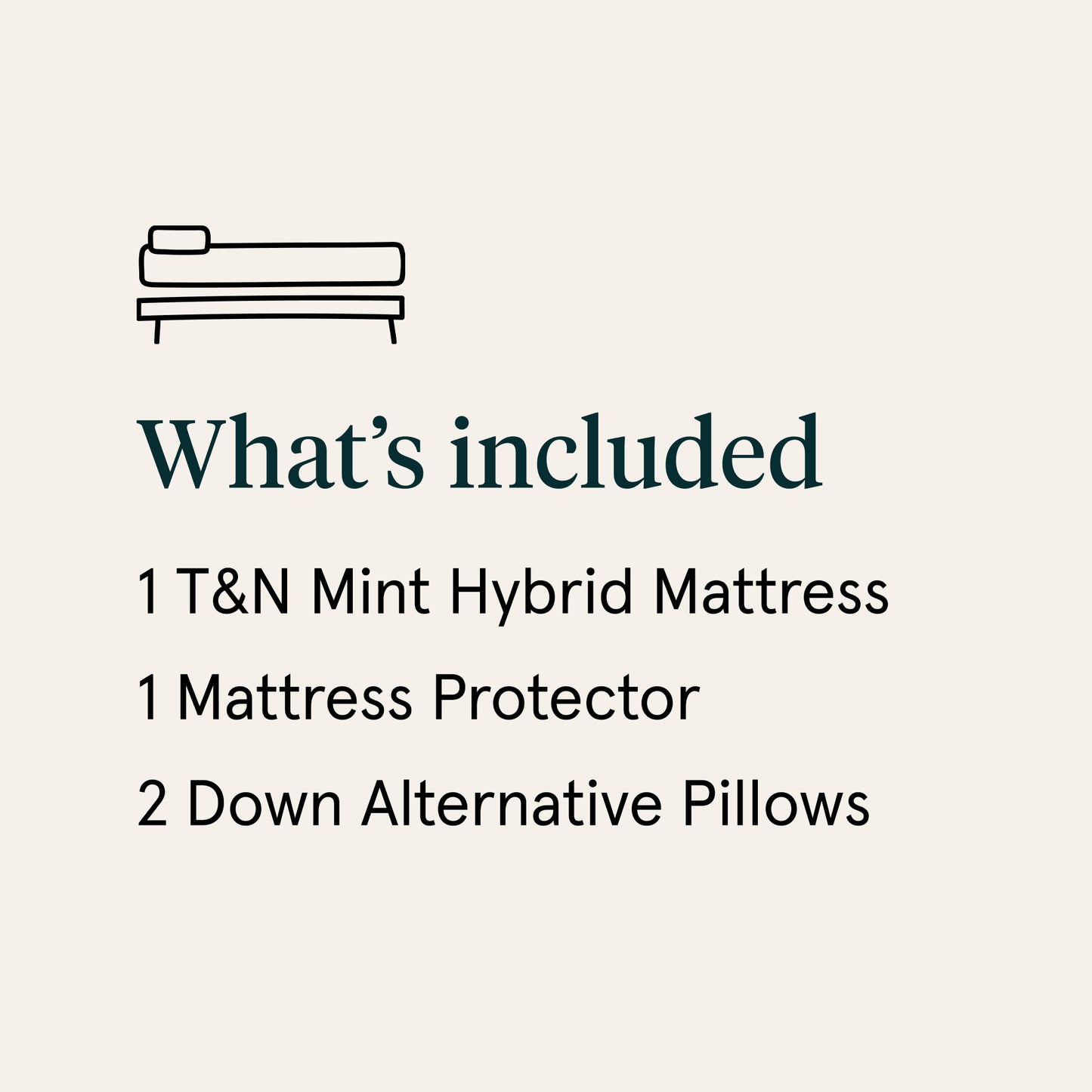 List of included items for a T&N Mint Hybrid Mattress on a beige background