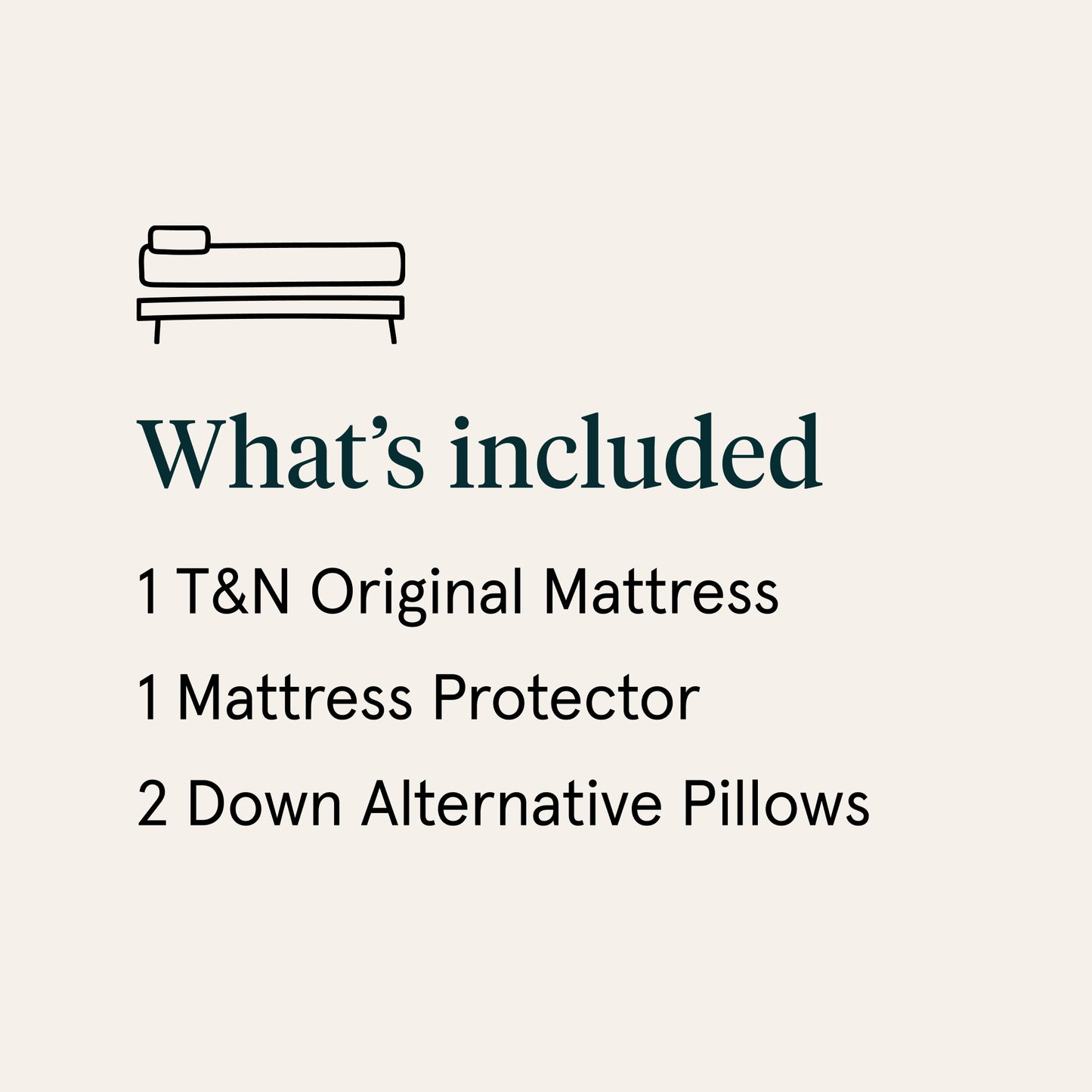List of included items for a T&N Original Mattress set on a beige background.