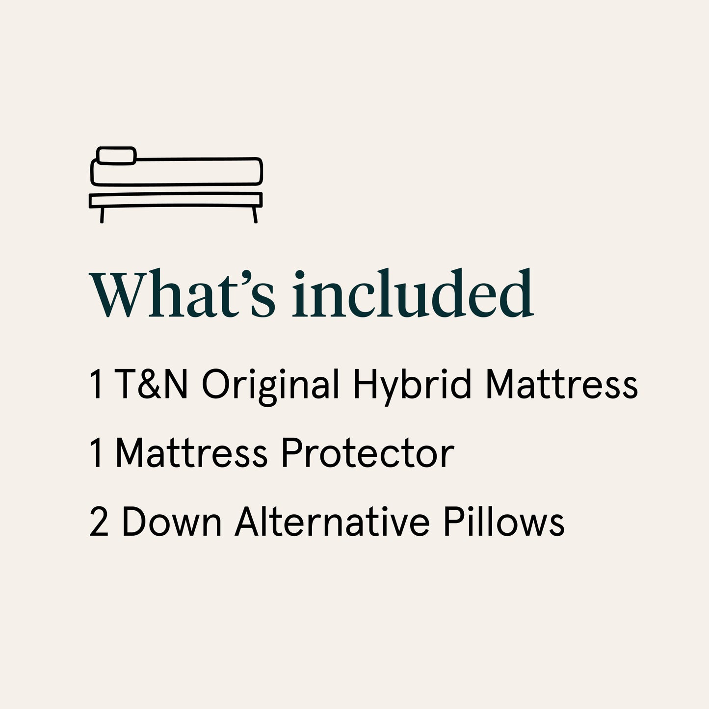 List of included items for a T&N Original Hybrid Mattress on a beige background