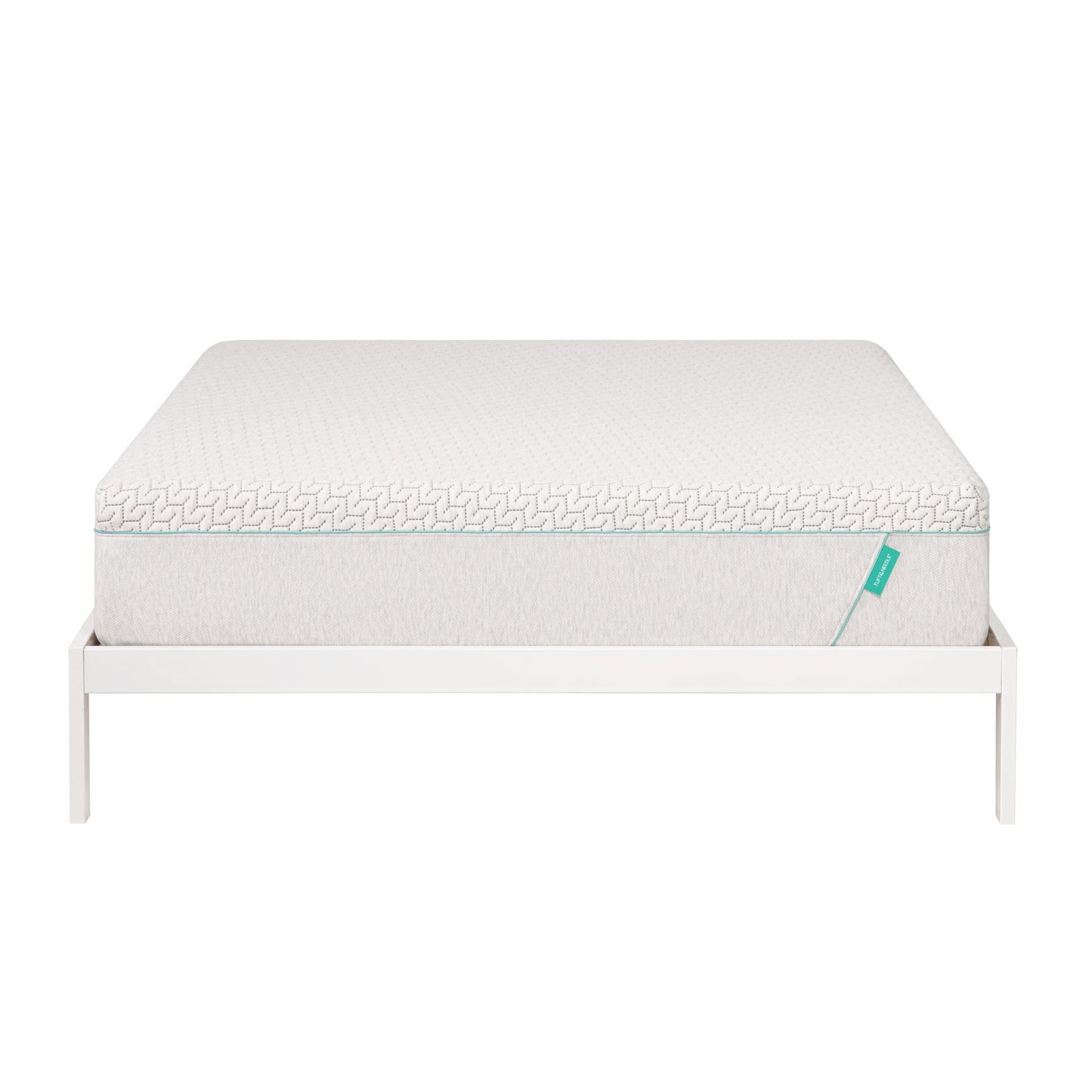 Hybrid mattress sits on white bed frame.