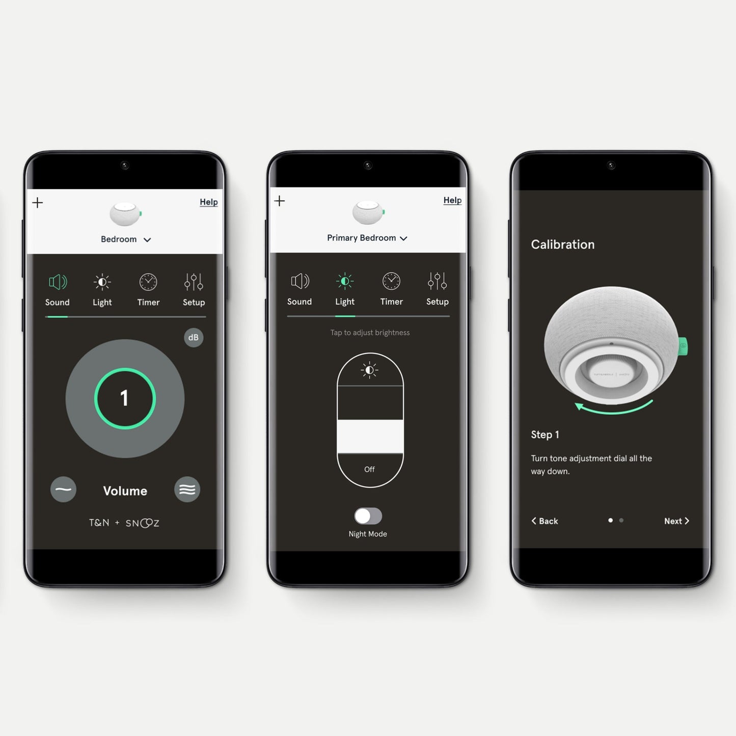 3 phones showing different screens of the Tuft and Needle White Noise Machine app