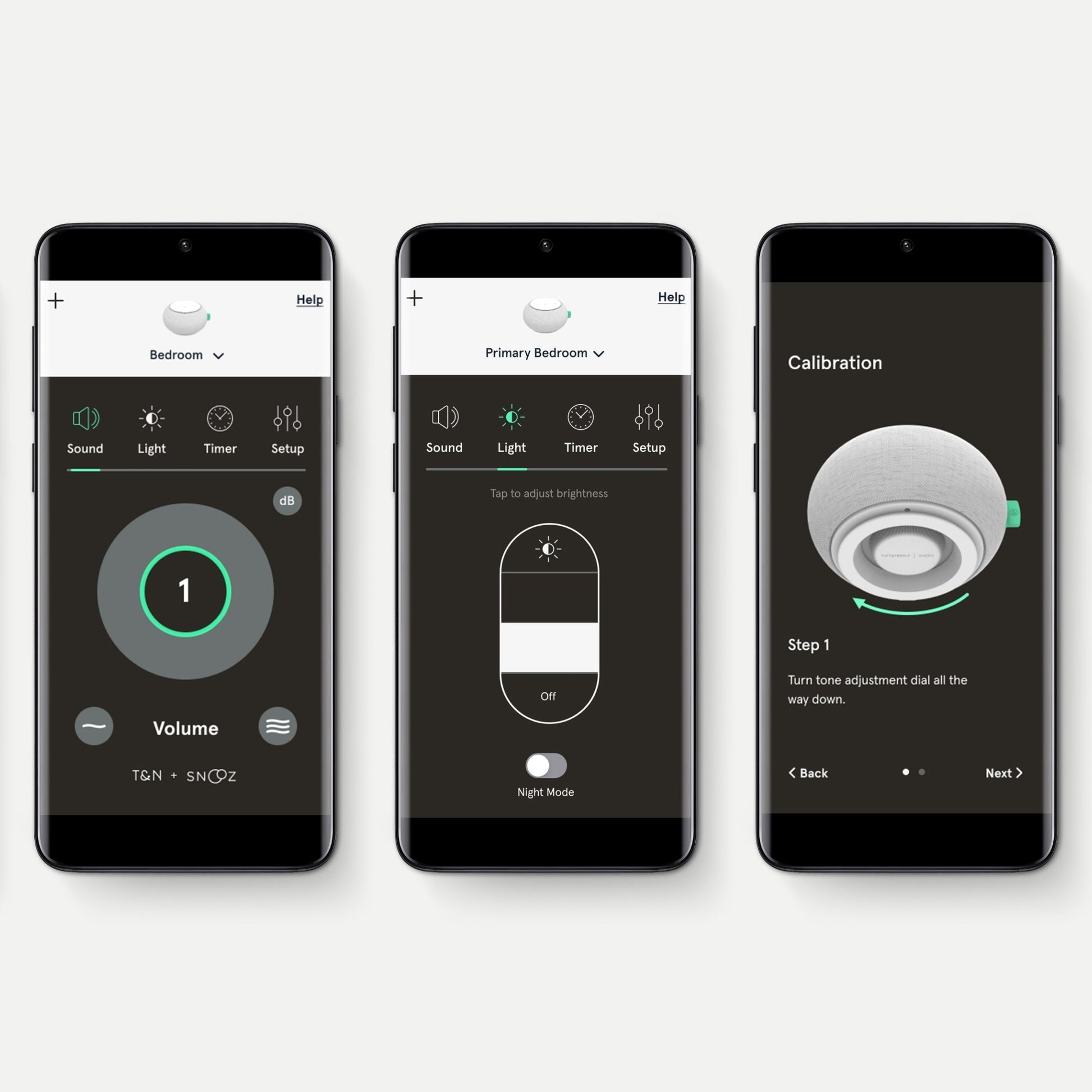 3 phones showing different screens of the Tuft and Needle White Noise Machine app