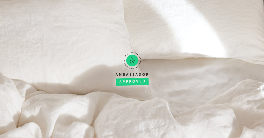 Tuft & Needle white linen bedding all crumpled up