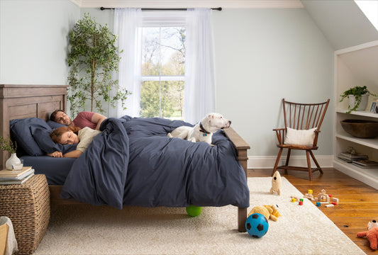 Side picture of a man and woman sleeping in a bed in their bedroom under blue bedding with a white dog laying at the womans feet