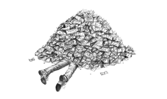 Drawing of a pile of money and a persons legs sticking out from underneath it
