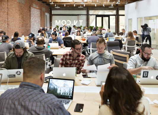 Picture of Tuft & Needle employees working in the open office space inside the T&N Headquarters in Phoenix, Arizona