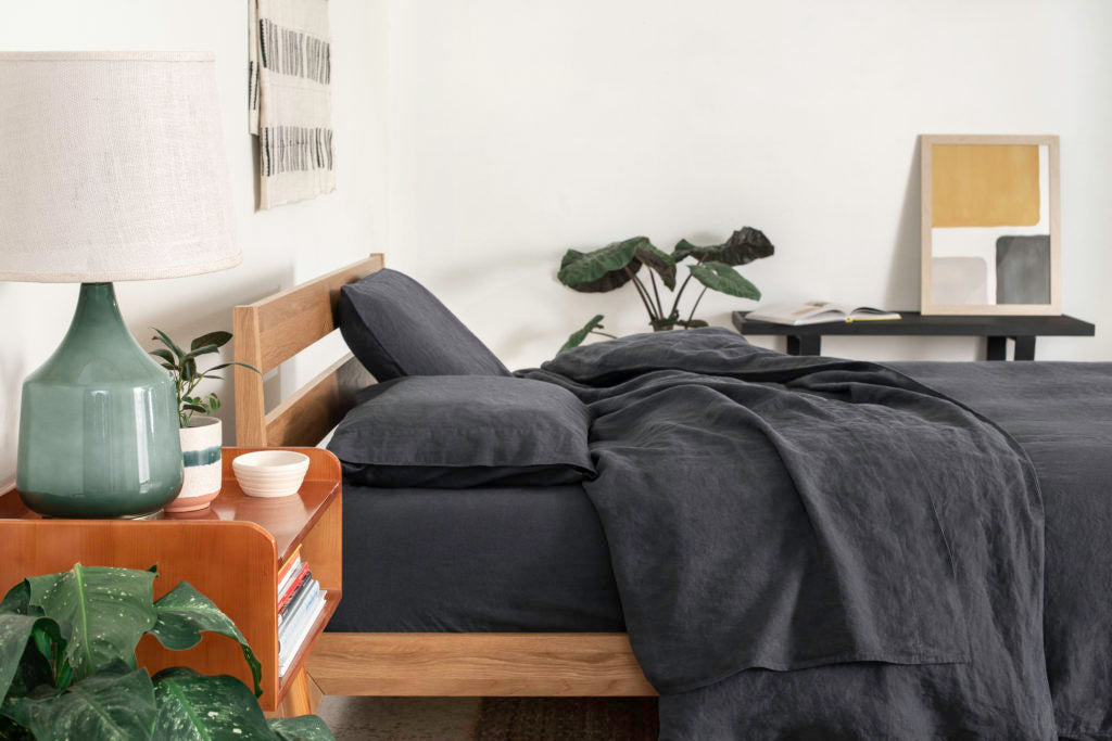 Tuft and Needle wood bed frame and mattress made in charcoal bedding