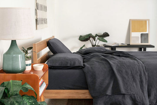 Tuft and Needle wood bed frame and mattress made in charcoal bedding