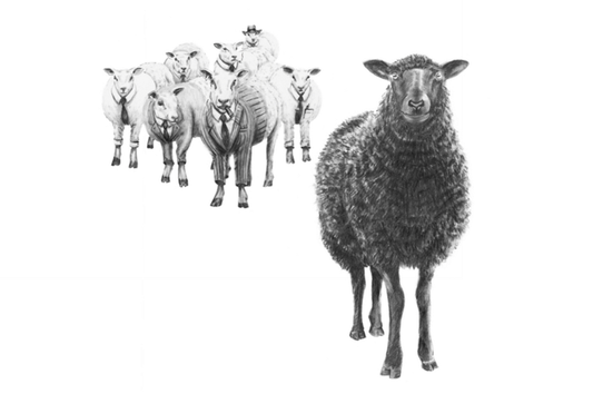 Drawing of a black sheep standing in front of a flock of 6 sheep dressed up in suits