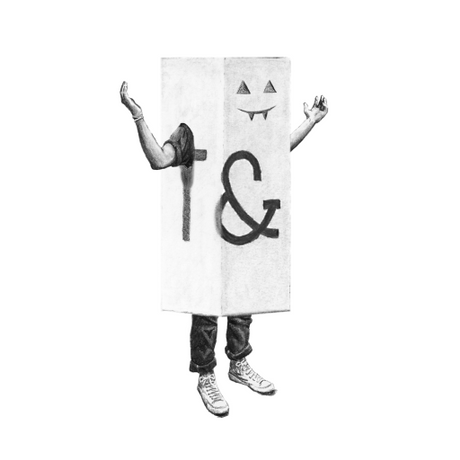 Drawing of a man wearing a T&N Mattress Box as a Halloween Costume with Pumpkin Eyes and Mouth Cut out