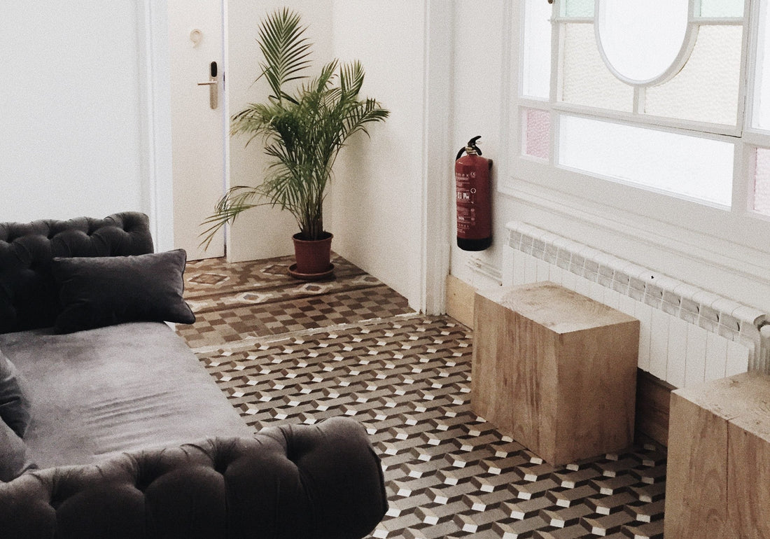 Brown futon in a room with a patterned rug, wood furniture and a plant