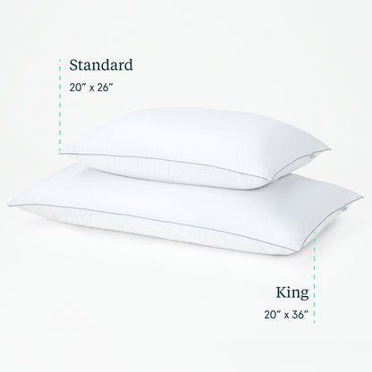 Comparison of standard and king size pillows with dimensions labeled.