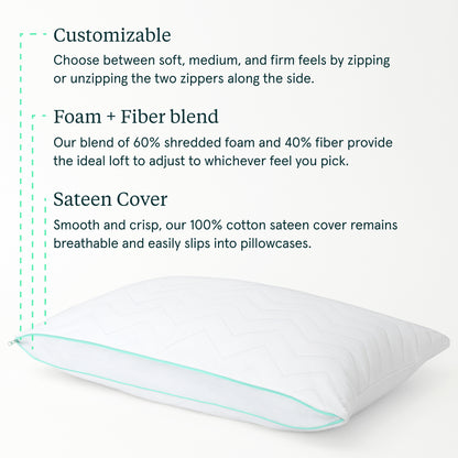 White Tuft & Needle Zip Comfort pillow with text describing customizable features on a white background