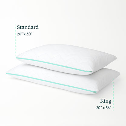 Two Tuft & Needle Zip Comfort pillows with dimensions labeled for standard and king sizes on a white background.