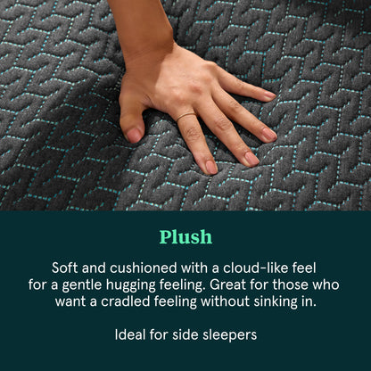Hand on textured Tuft and Needle Mint mattress surface with text describing plushness and comfort
