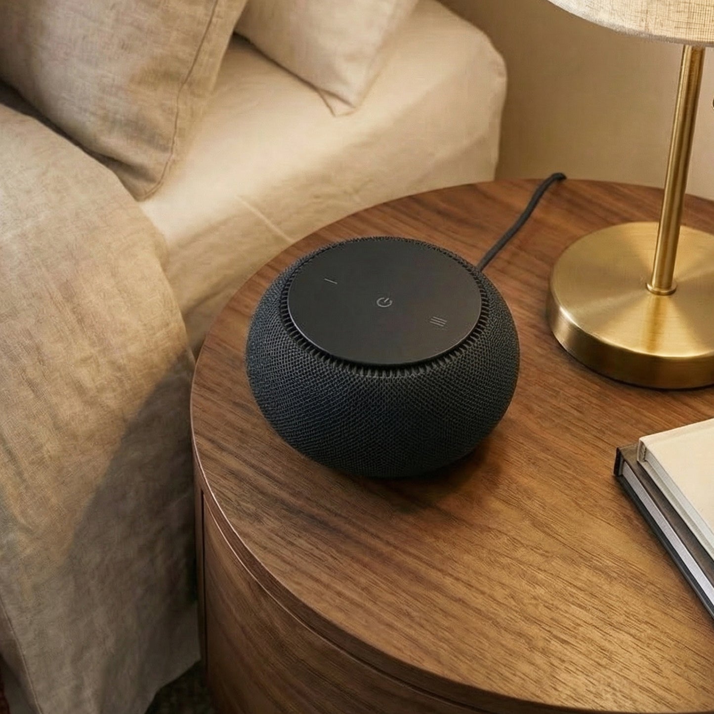 Smart speaker on a wooden side table next to a lamp and sofa