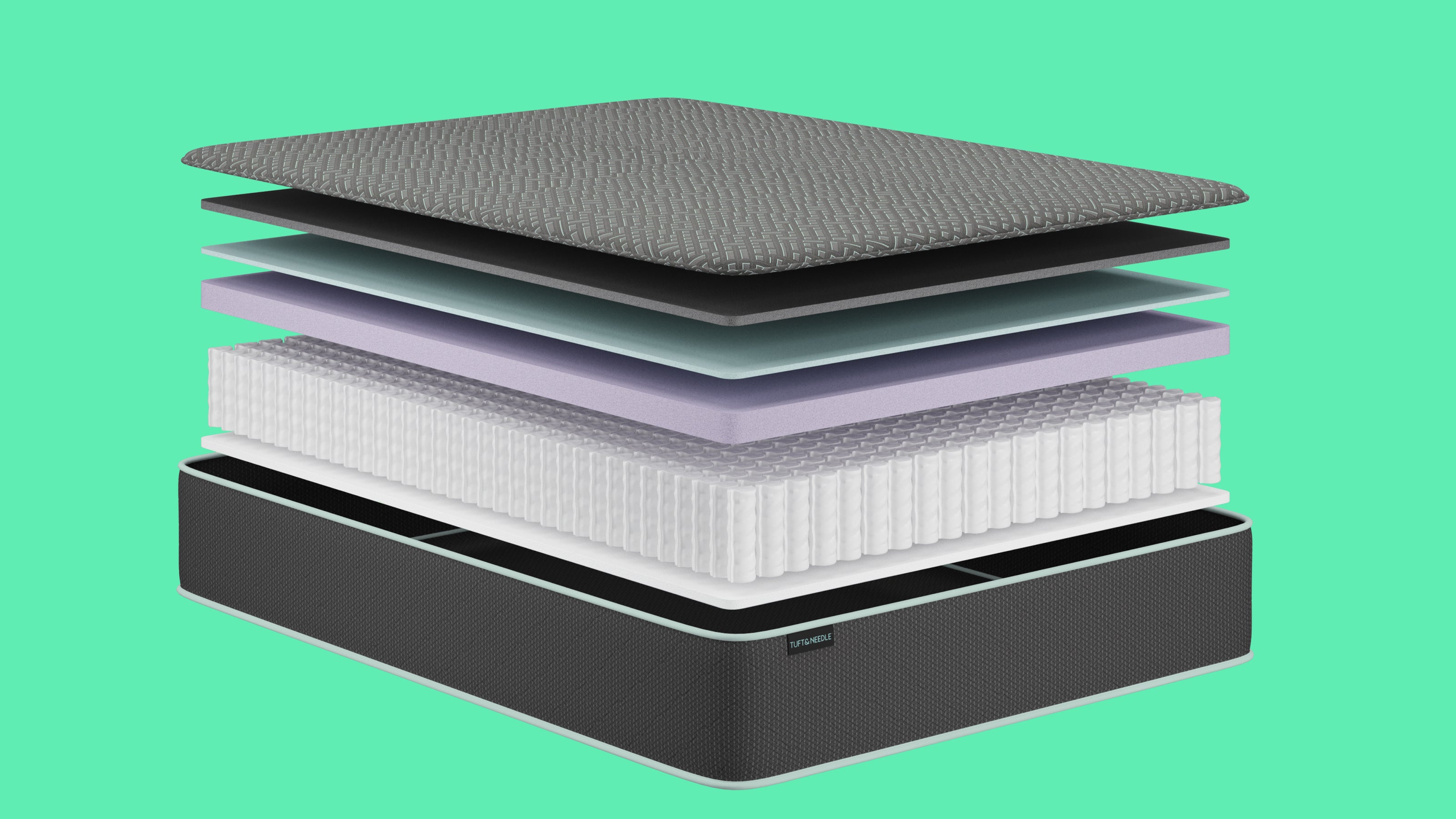 An exploded view of a Tuft and Needle Mint Hybrid II mattress stack showing multiple layers, including a textured gray top layer, white and lavender memory foam layers, and a black base, set against a solid mint green background.