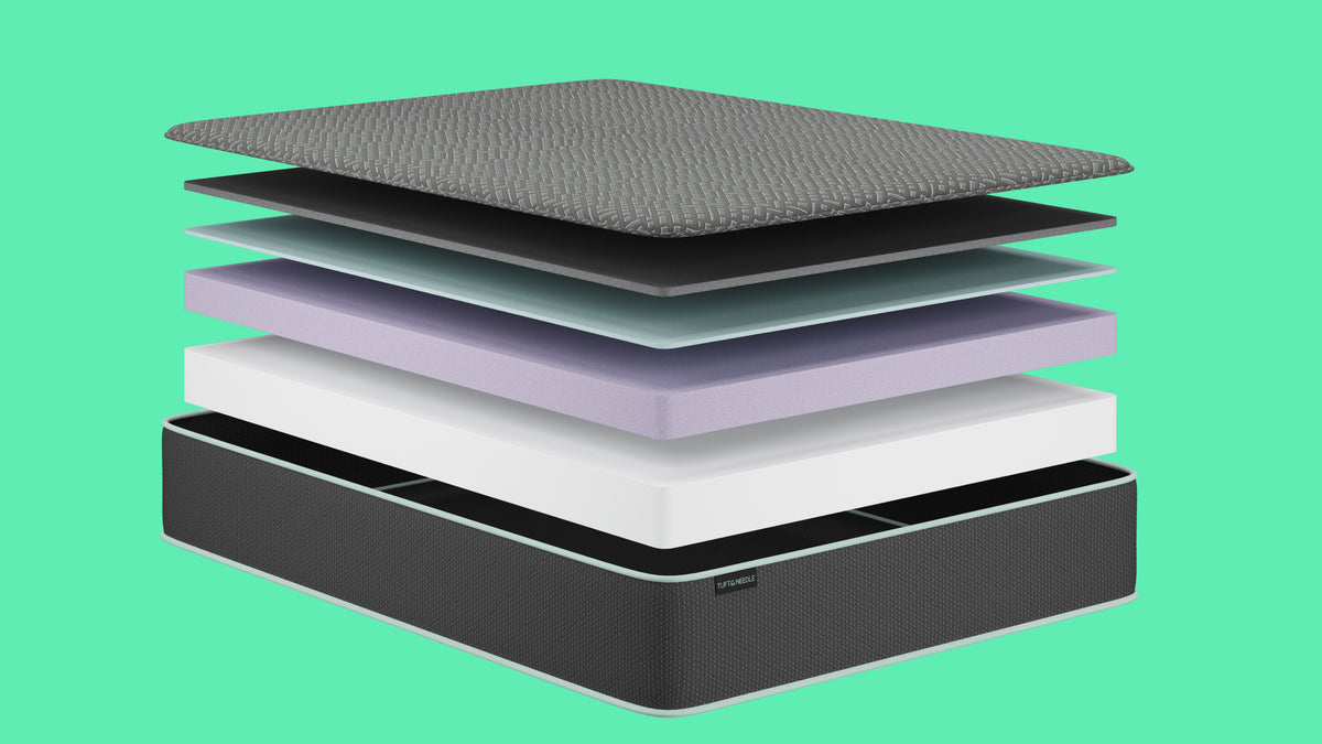 Tuft and Needle Mint Mattress II.  Showing the inside layers of the mattress set on a mint green background