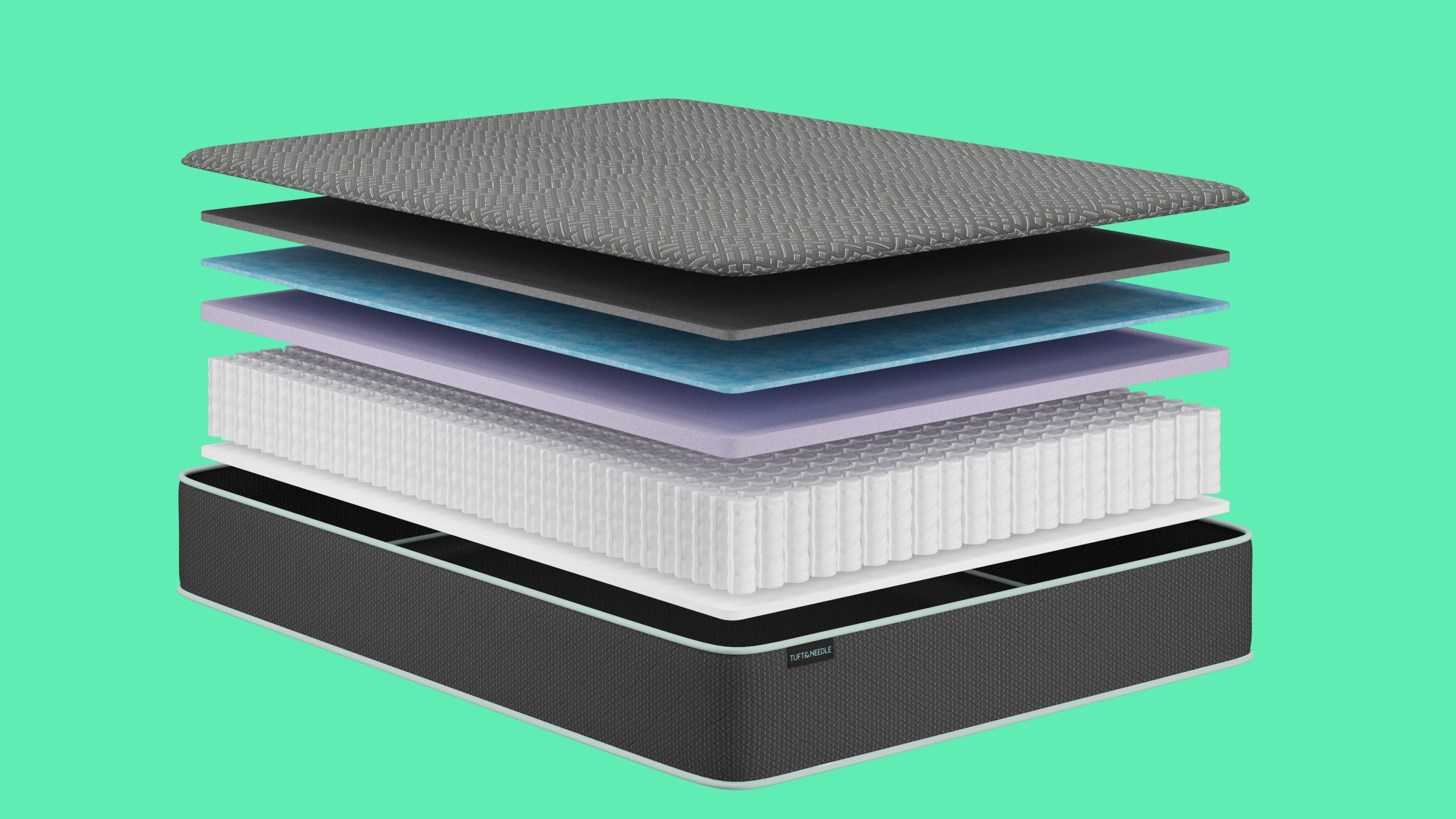 An exploded view of a Tuft and Needle Original Hybrid II mattress stack showing multiple layers, including a textured gray top layer, black and blue support layers, a white quilted section, and a dark base, set against a solid mint green background.