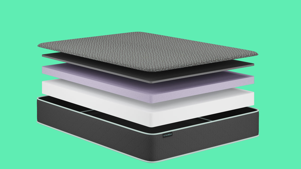 Tuft and Needle Original Mattress II.  Showing the inside layers of the mattress set on a mint green background