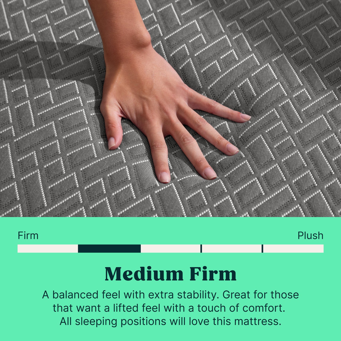A hand presses down on a medium-firm textured Tuft and Needle mattress to show its support and comfort. The top half shows the hand on the mattress, and the bottom half has a teal information panel labeled 'Medium Firm' with descriptive text.
