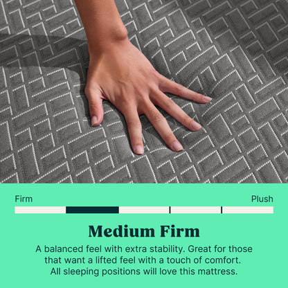 A hand presses down on a medium-firm textured Tuft and Needle mattress to show its support and comfort. The top half shows the hand on the mattress, and the bottom half has a teal information panel labeled 'Medium Firm' with descriptive text.