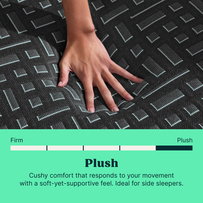 A hand presses into a dark textured Tuft and Needle  mattress to show its plush, cushioned feel. The mattress has a black and white geometric pattern.