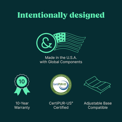 A dark teal promotional graphic with mint-green line icons and text highlighting product benefits: 'Intentionally designed,' 'Made in the U.S.