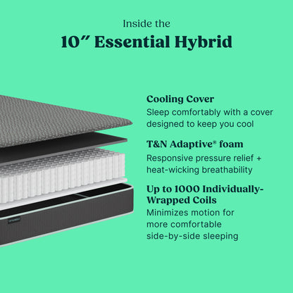 A 10-inch Tuft and Needle essential hybrid mattress cross-section diagram on a mint green background, showing a cooling cover, T&N Adaptive foam, and individually wrapped coils with descriptive text callouts.