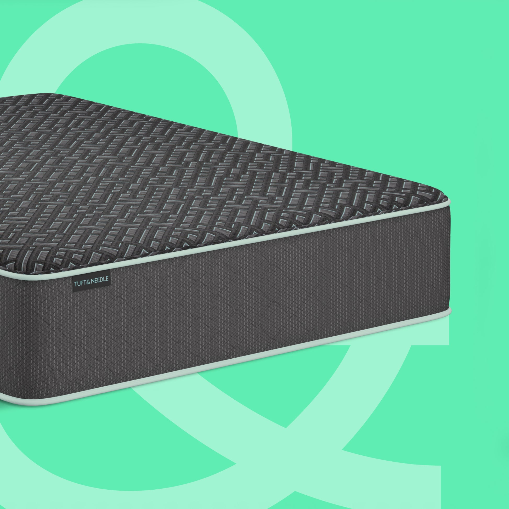 A dark gray Tuft & Needle 15 inch Mint Luxe Hybrid Plush textured mattress shown at an angle against a mint green background with abstract light green shapes. The brand name Tuft & Needle is visible on a small label on the side of the mattress.