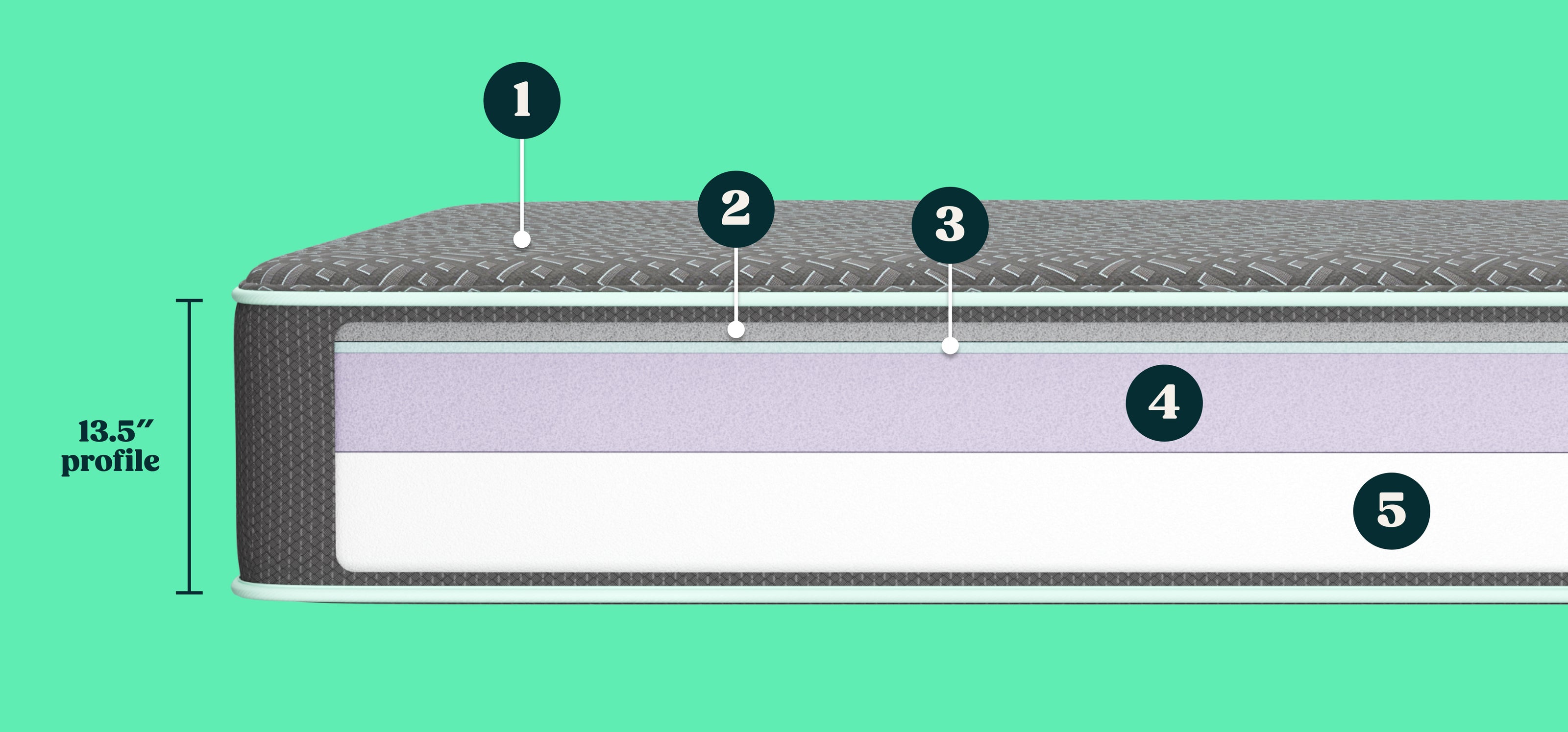 Cross-section diagram of the Tuft and Needle Mint Mattress II layered mattress with five labeled zones (1-5) and a 13.5" profile height on a solid green background.
