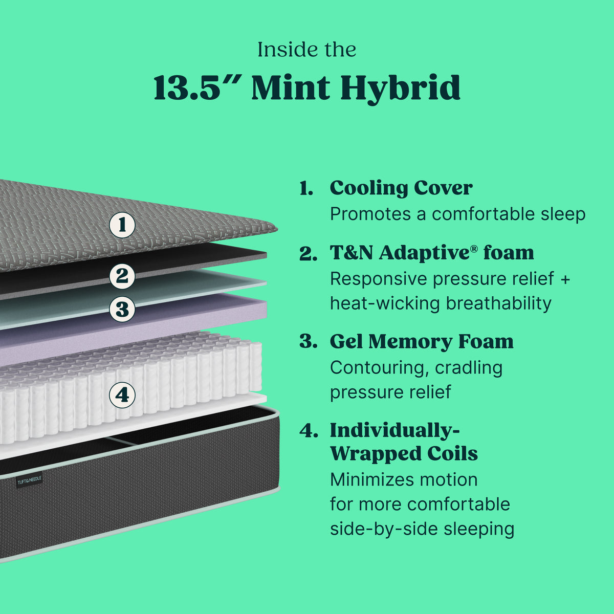 A promotional graphic for a Tuft and Needle mattress layer stack labeled 'Inside the 13.5" Mint Hybrid  showing a close-up of the mattress corner with layered materials and text describing the 13.5" Mint Hybrid features, including cooling cover, T&N Adaptive foam, gel memory foam, and individually wrapped coils.