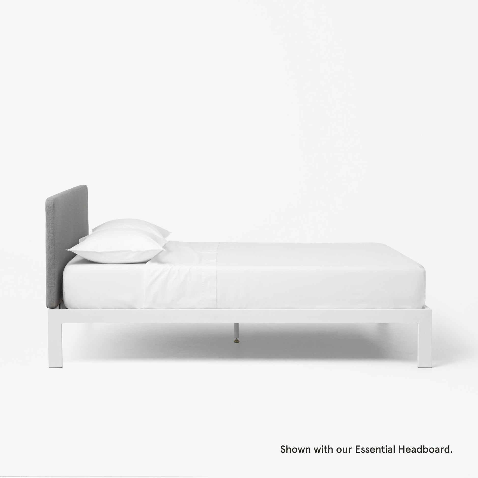 Side view of the  Tuft and Needle Essential Platform Bed Frame||color:white