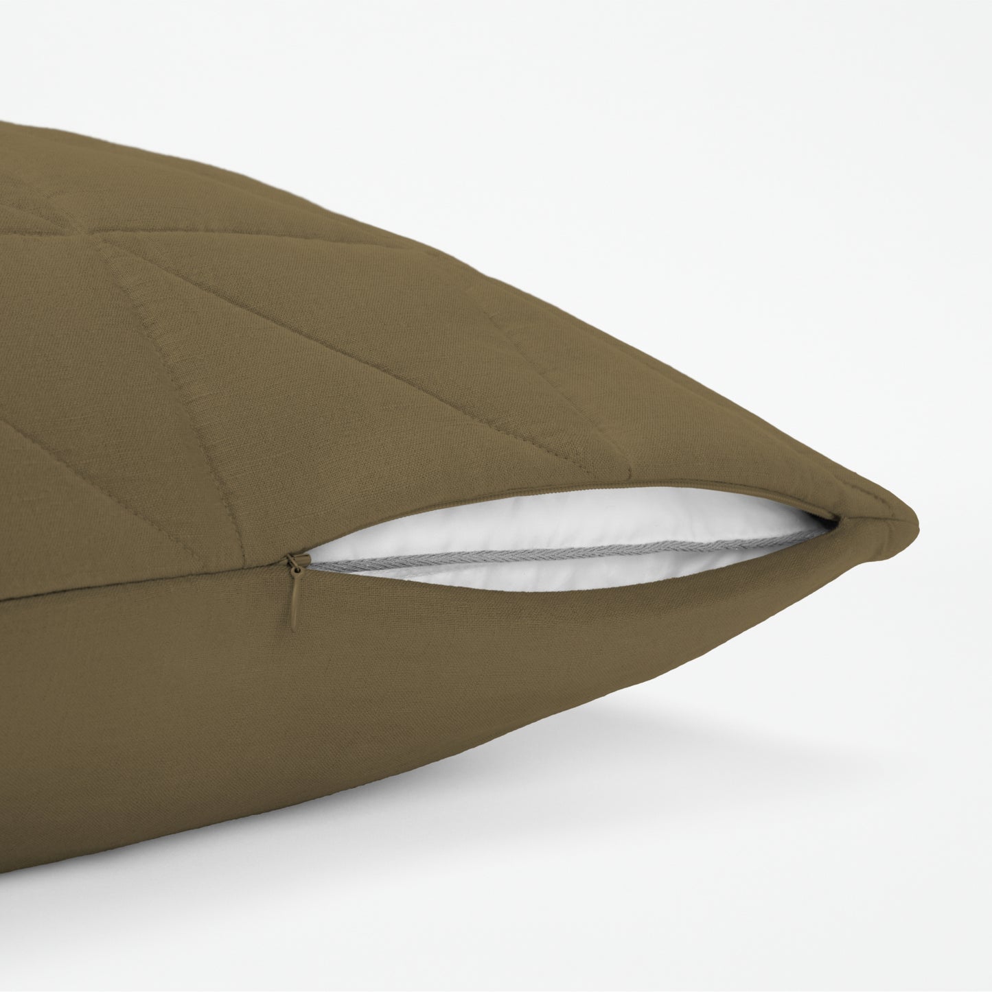 The Tuft and Needle Linen-Cotton Blend Body Pillow Cover, showing a zipper slightly open to the pillow inside || color: Martini Olive
