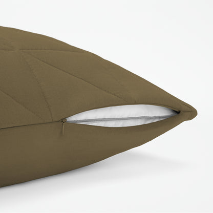 The Tuft and Needle Linen-Cotton Blend Body Pillow Cover, showing a zipper slightly open to the pillow inside || color: Martini Olive

