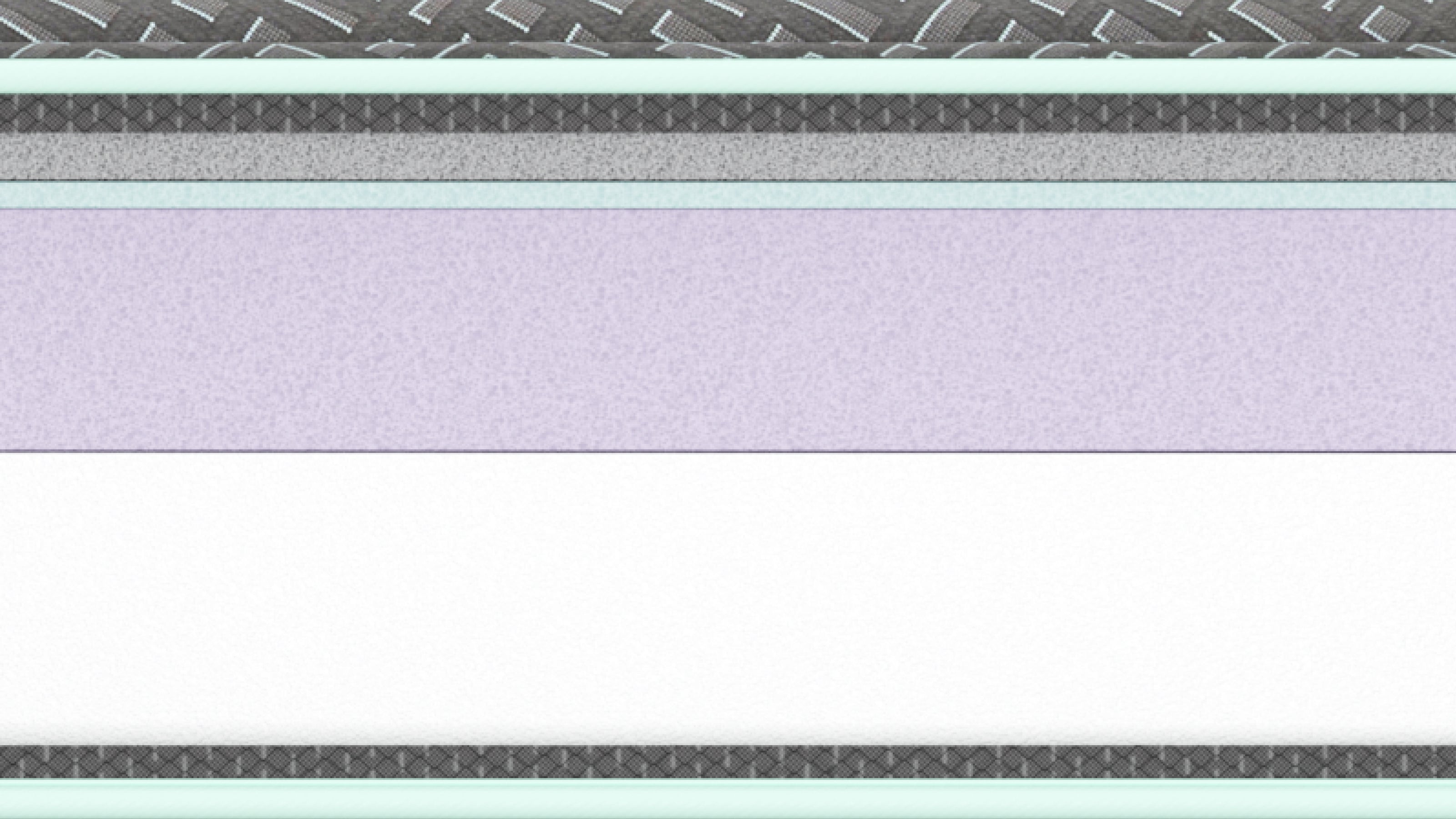 A close-up horizontal view of the Tuft and Needle Foam Mattress and the inner workings of the mattress. striped fabric or wallpaper pattern, featuring a wide lavender-purple stripe in the center, flanked by white, gray, and mint green stripes with textured borders.
