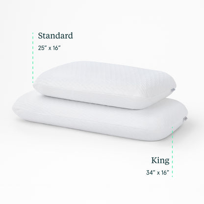 Two Tuft and Needle pillows, one labeled 'Standard' and the other 'King', on a white background with dimensions indicated.