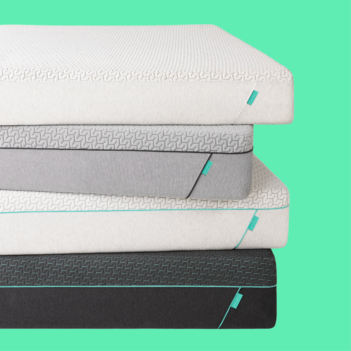 Three stacked tuft and needle mattress toppers or mattress layers in white, light gray, and dark charcoal, each showing a textured geometric pattern on the side edge, set against a solid mint green background.