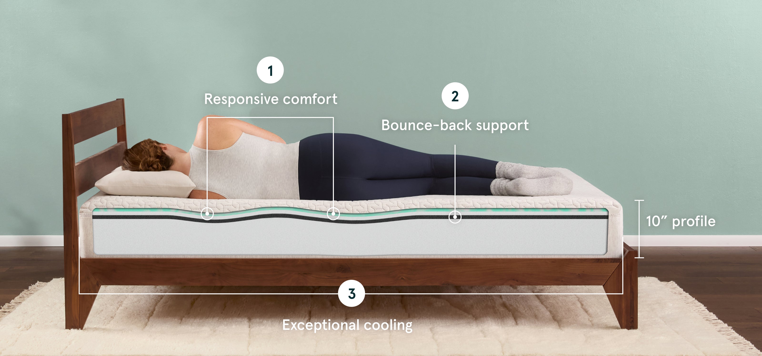 Woman lays on her side to show mint hybrid mattress and its responsive comfort, bounce-back support, and exceptional cooling. 