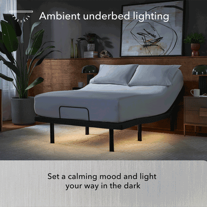 Baselogic Platinum Adjustable Base with a white mattress sitting on top of it showing underbed lighting || level: Platinum
